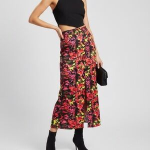 Open Edit Satin Floral Midi Skirt Black Pink Yellow XS